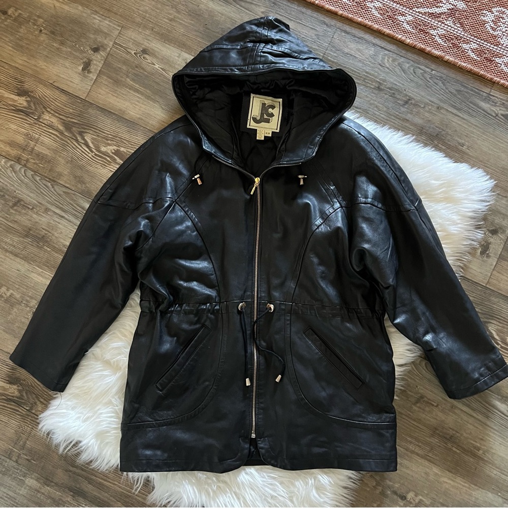 Vintage JLC Black Hooded Leather Trench Jacket